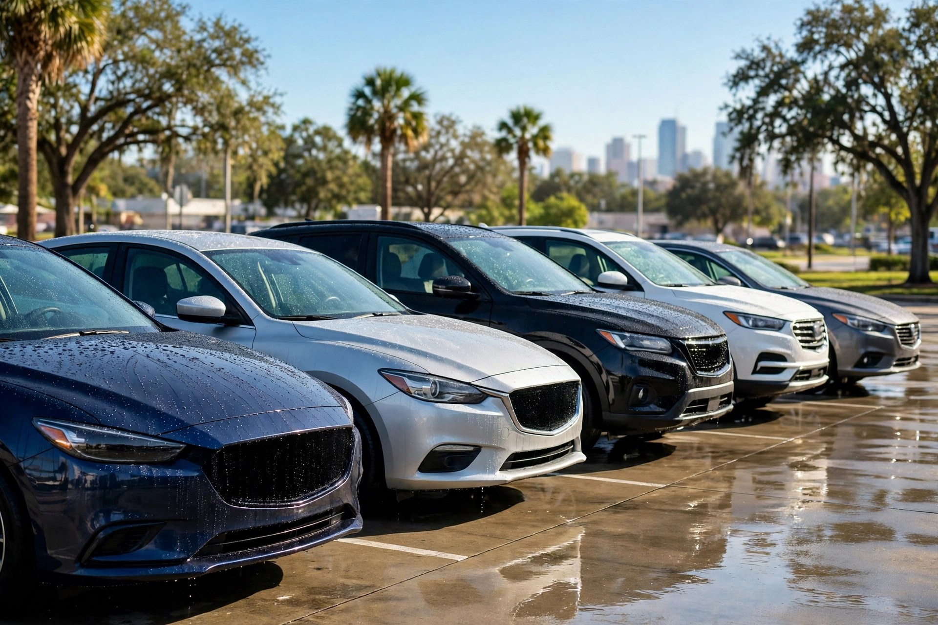 Freshly washed cars lined up after detailing