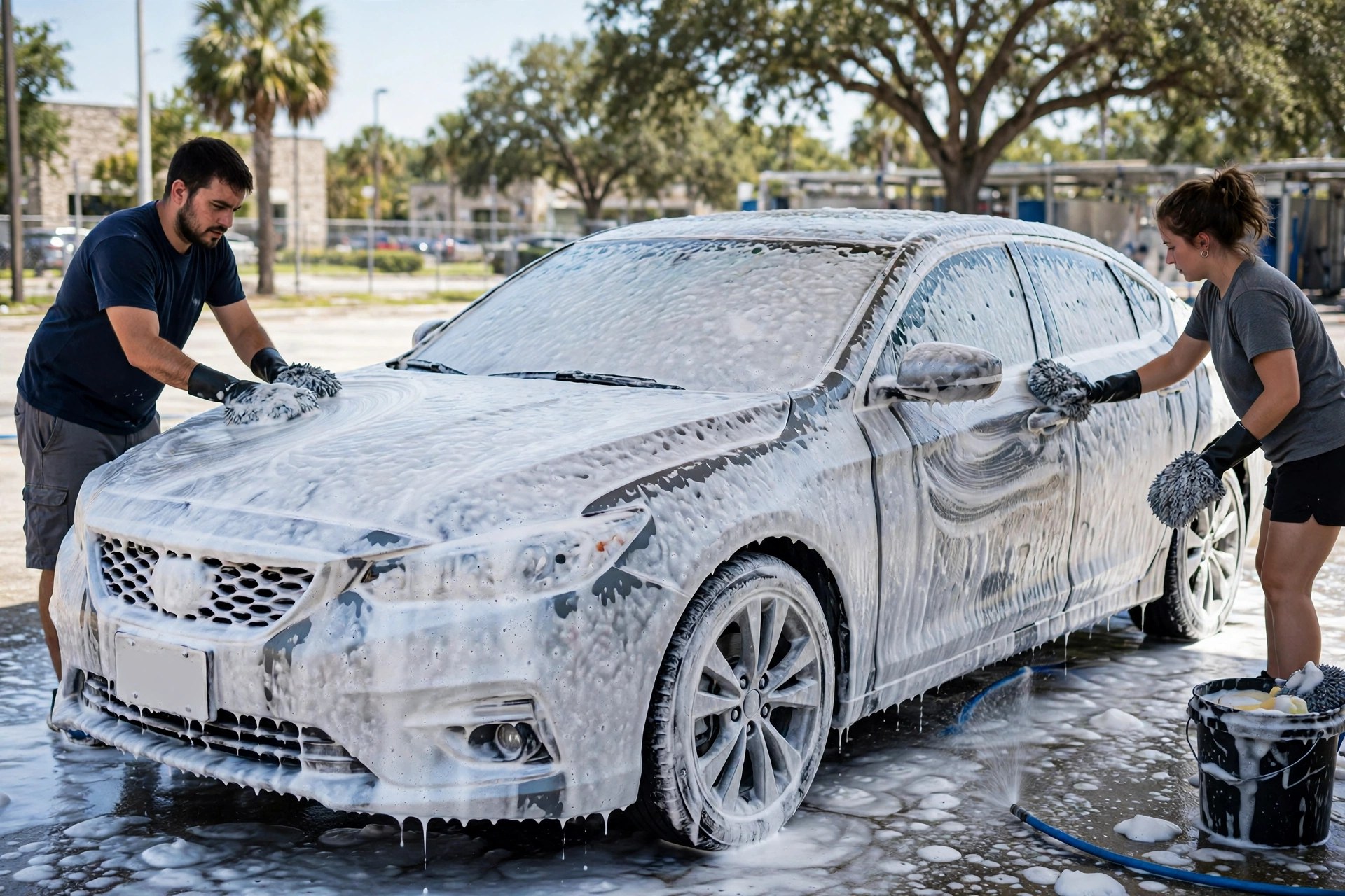 Workers hand washing a car with foam