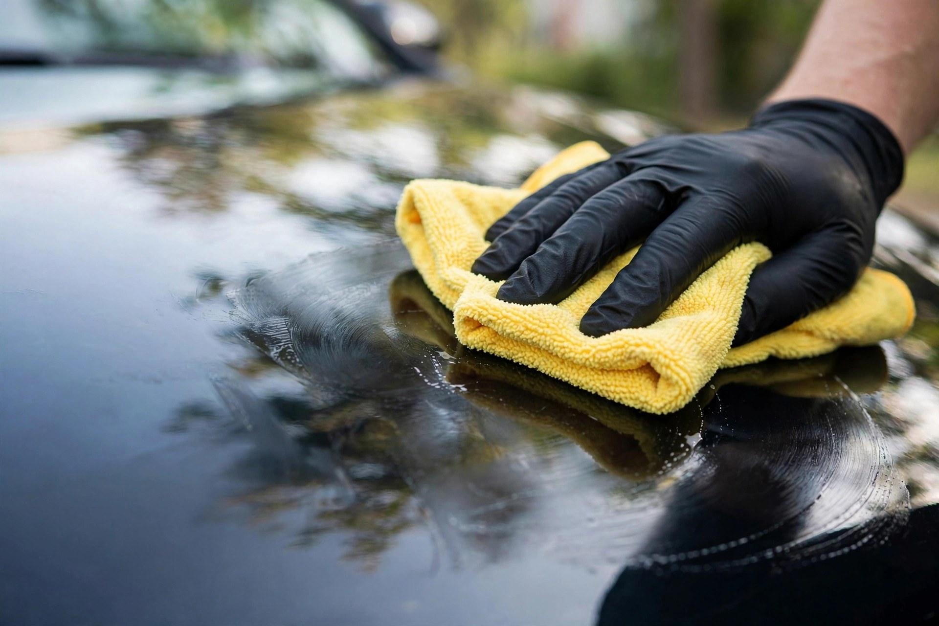 Worker hand waxing and polishing a car